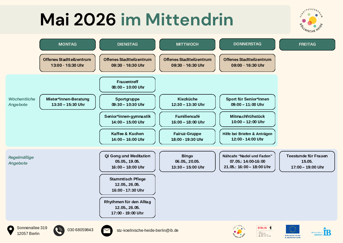 Monatsplan Mai 2026 für das STZ Köllnische Heide